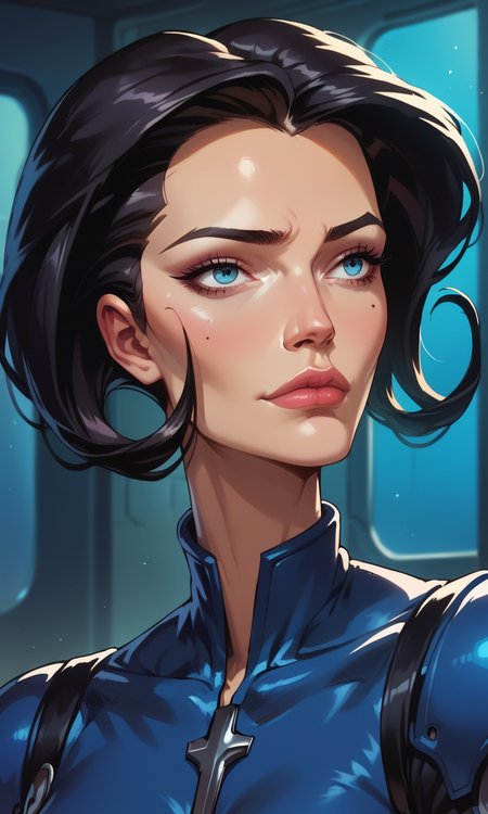 score_9, score_8_up, score_7_up, score_6_up, score_5_up, score_4_up, closeup on face , portait of face, (side view:0.5),dark blue outfit, aeon flux, black hair, blue eyes, upper body,  interior, futuristic city,shiny comic<lora:Pony\Aeon_Flux-000007.safetensors:1.0:1.0>