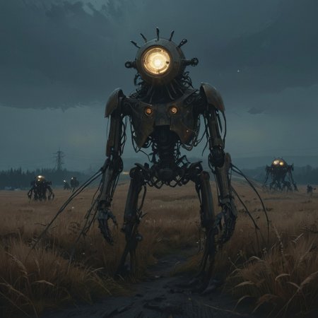 a painting that captures the essence of a poem: 
(Fields where machine souls rust under the light of a dying star, 
Veni, vidi, vici; 
When heaviest is the crown of the ghost of a god, none dare come out to play; 
Use caution when dealing with the fallible tenets of the aegis rimwalkers; 
Cyborg religious sects turned loose with the coming of the new dawn; 
I offer this advice in earnest, for soon we shall see many a truth uncovered; 
Do not despair my voidwalker, for what happens in the dark is destined to come to light, now and forever more...), 
Andrei Tarkovsky Style page,detailxl,in the style of simon-stalenhag,