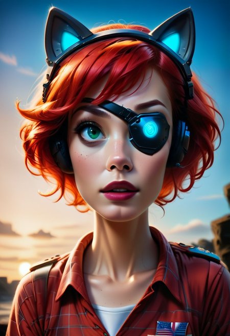 Score_9,  score_8_up,  score_7_up,  semi realistic, tactical soldier girl, Green eyes and red hair, Thick Warpaint under eyes, Goggles on head, Military headset with cat ears, Glowing RGB colors on front-facing parts of headset, White and blue Sailor-style school girl top, tactical shemagh, Red bow on the neck, A collared flannel shirt with the sleeves rolled up above the seifuku.
 multicam arid shirt, darkened a few shades, Black and white American flag patch on the left arm, Delta Force patch on the left arm