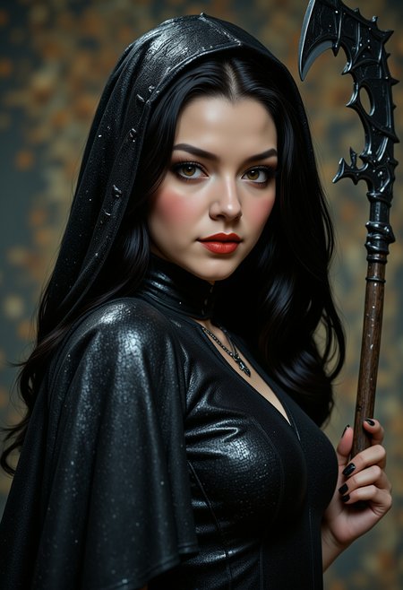 She is approximately 18 years old, full body view, dynamic angles, multiple angles, photoshoot poses; a photo of Angelic@, with dark hair, retro50s_style, a she is dressed as the grim reaper, holding a glwing scythe.  Movie Poster, Atmospheric, Ultra Detailed, Suffering, Kodachrome, elaborate, intricate,  atmosphere, illustrious quality, ambient background, deep rich colors, excellent composition ,making this image a masterpiece of photography and digital art. realistic. making this image a masterpiece of photography and digital art. Style: realistic hyper-detailed rendering, 32k UHD, expressive eyes, punk, graphic design, girl's face, pretty and cute, gleaming lips, telling a tale of adventure. Exuding confidence and serenity. The overall mood of the image is happy and relaxed,detailed skin texture,(blush:0.2),(goosebumps:0.3),subsurface scattering,whimsical,Detailed hand, Perfect hand. Perfection style.aidmafluxpro1.1