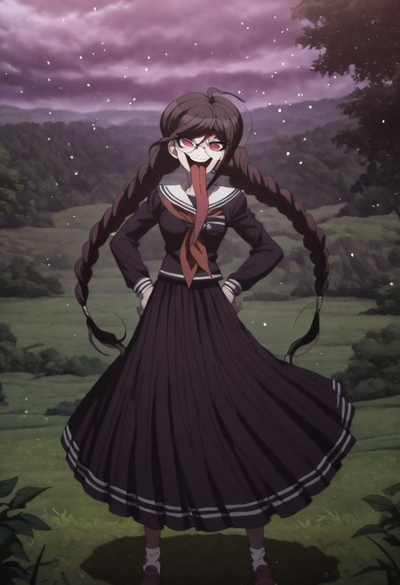 (((solo))), masterpiece, best quality, very aesthetic,  modern, modern anime,  newest, absurdres, highres, aerial view , caring expression  , (((solo))),danganronpa_(series),<lora:Toko_Fukawa_Illustrious:1>,  This is an anime screencap from Danganronpa 3. Genocider Sho is enacting a ducking . Genocider Sho's expression is approving expression . Genocider Sho is interacting with this environment:  The person sits surrounded by exotic vegetation on a hill covered in luminescent flowers. A strong wind blows through the person's hair, sending petals and leaves swirling through the air. The setting is a magical twilight, with the sky painted in deep purples and pinks. The scene is captured in extreme detail in every element, from the glowing flowers to the sharp background. The person is interacting with the nature, adding a sense of connection to the environment.There are intricate shadows from the flowers and leaves that fall onto the person's skin, enhancing the interplay of light and shadow. The vegetation is layered varying heights and densities, creating a richer and more textured environment. The clouds are textured, with subtle color shifts and details that draw the eye upwards. The image is vibrant and serene.  Genocider Sho wearing her uniform from Danganronpa 1. Her uniform is purple with a lengthy skirt that extends past her knees. Her long dark purple hair is styled in two braids that extend past her waist. She has large round glasses over her red eyes. Her abnormally large tongue hangs out of her mouth. She is wearing white socks and brown loafers.