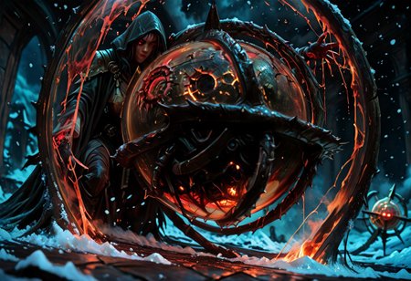 masterwork, masterpiece, best quality, detailed, depth of field, high detail, very aesthetic, sharp edges, precise, clear focus, highly detailed epic cinematic concept art, octane render, (3d shading:1.6),  dynamic lighting, very inspirational, (Dreamlike surrealist painting:1.8),
(the world is burning (inside a glass sphere:1.9) :1.5), watched by a demon, surreal female demon, red eyes, swirling cloak turning into threatening clouds,
snow, glowing footprints, burning tears scorch the land, eldritch, horror, gdv2-illu, (Artgerm, Piotr Jablonski, Karla Ortiz style),