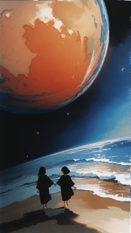 masterpiece, newest,absurdres,incredibly absurdres, best quality, amazing quality, very aesthetic, painterly,
2girls, holding hands, beach, planet, happy,
<lora:KonYa666:1> kony4666 <lora:ka_marukogedago:1> k4_illu, abstract, traditional media, scan, blending, painting \(medium\), oil painting \(medium\)