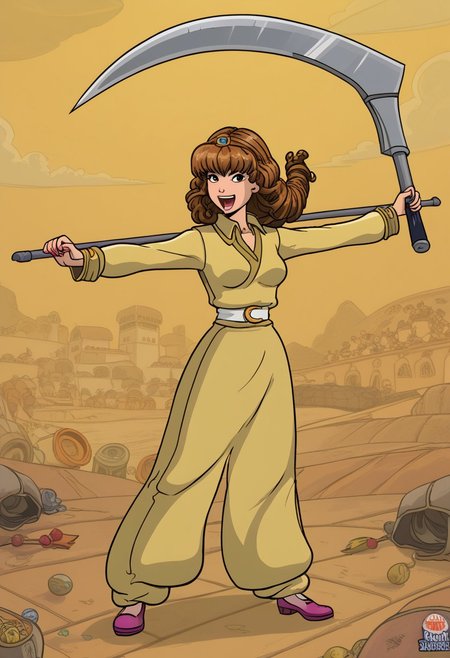 happy girl, random_combat_action_pose, scythe (4K4BUR5TYL3)