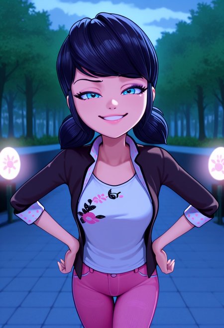 bright colors, detailed background,, volumetric light, vivid colours, standing,
looking at viewer, outdoors, overcast, dark, forest, vines, ponypositive, solo, solo focus, open hands on hip, single eyebrow lifted, smirk,
Marinette Dupain-Cheng, shoulder-length black hair with blue reflections tied back in pigtails, light pink lips, fair skin, bright bluebell eyes, unbuttoned jacket, white T-shirt, pink jeans, 
Smooth Quality,
best quality, hyper detailed, ambient stylish expressive lighting, absolutely eye-catching masterpiece, body extremely close-up view, (facing viewer), forward, face extremely close-up shot, chest focus, selfie,