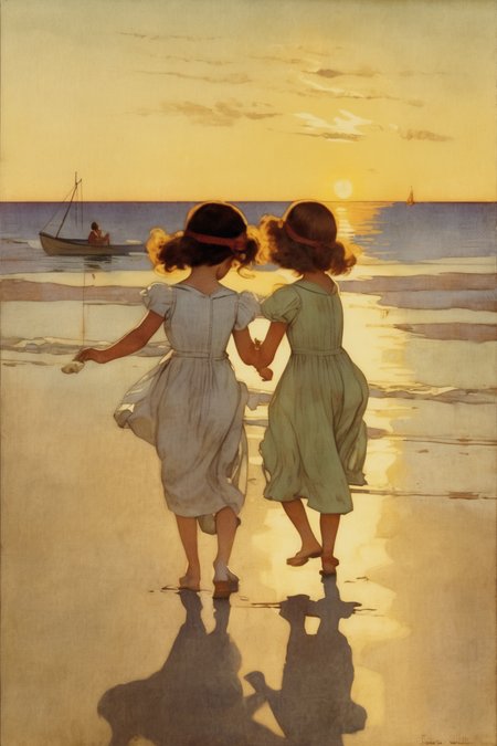Jessie Willcox Smith Style - two little girls playing at a Sunset beach all paintet in jessie willcox smith tyle