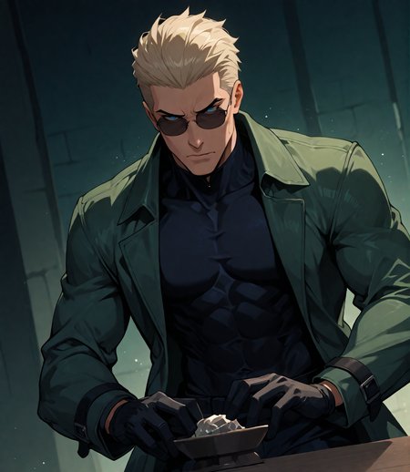 PonyScores7, source_anime, ah, 1IllustriousQual,
BREAK (Dutch Angle, (from back), far from viewer),
BREAK <lora:albertwesker-guy-PONYv1:0.8>, albertwesker, 1boy, toned, athletic, fit, mature male,  angular face, sharp_featured face, handsome, charming, alluring, <lora:shinyskin2:0.2>, glistening skin, AS-MidAged,
BREAK slicked back hair, short hair, blonde, <lora:hairdetailpxl:0.2>, hairdetailpxl, 
BREAK blue eyes, <lora:expressive eyes:0.2>, expressive eyes, <lora:eyedetailpxl:0.2>, eyedetailpxl, <lora:Eyes_High_Definition:0.2>, EyesHD,
BREAK (A whirlpool of liquid mercury swirls in the palm, reflecting impossible visions),
BREAK (an avant-garde dance studio with neon lights outlining the floor and walls, creating a high-energy atmosphere reminiscent of a contemporary dance performance),
BREAK melancholic expression, Soft gaze, slight frown, reflective expression, <lora:Expressive_H:0.2>, Expressiveh, looking at viewer, <lora:Emotional_Anime_Expressions_PonyXL_Concept:0.2>, emotional, <lora:Best_Facial_Expression_LoRA_PONY:0.2>, <lora:Detailed expressive EXEV style -XL Pony V1.0:0.2>, FaceDetail,
BREAK (cerulean virtuality fiber bodysuit, filed horn prosthetics, large stone hand prop, palm green trench coat), (sunglasses:1.3), 
BREAK <lora:xl_more_art-full_v1:0.2>, <lora:aesthetic_anime_v1s:0.2>, <lora:EpicF4nta5yXL:0.2>, <lora:detailxl:0.2>, detailxl, <lora:Fant5yP0ny:0.2>, best quality, amazing quality, best aesthetic, absurdres, illustration, Volumetric_Lighting, ultra-detailed, very aesthetic, intricate details, 8k, masterpiece, best_quality,
BREAK Stable_Yogis_PDXL_Positives, AS-Adult, <lora:Complicated fantasy portrait - XL Pony V2.0:0.2>, bad-hands-5, <lora:HDA_Detailer:0.3>,