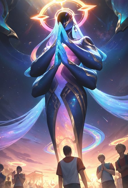 l0lspl4sh, source_anime, score_9, score_8_up, score_7_up, year2024, 1girl, original 1girl, original, West Studio, sixmorevodka, Galaxy goddess, faceless, praying pose, halo, black hole, dark, giant, giantess, dramatic angle, star \(sky\), faceless, extra arms, four arms, pose, cosmic magic, crowd, rating_safe, floating, flying, <lora:L0LSPL4SH_40epochs:1>