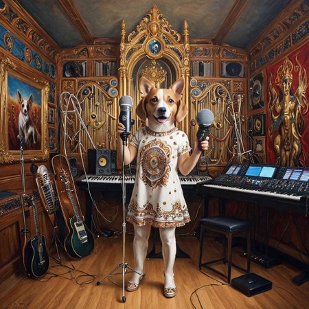 dog girl dressed in an elaborate collection of qu4ntum covering her in a majestic way holding microphone, music studio, painting of cute qu4ntum, pg safe