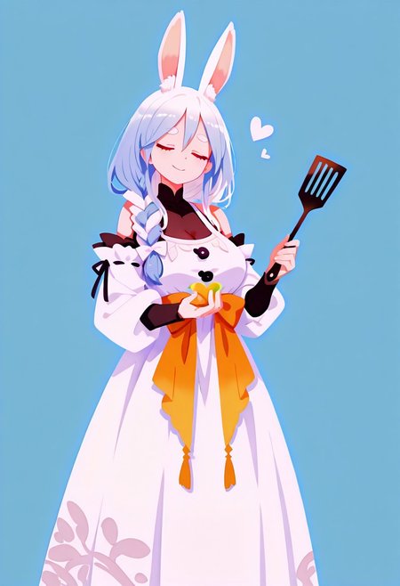 masterpiece,best quality,amazing quality, solo, p4k0mm, closed eyes , smile,rabbit girl, animal ear fluff, large breasts, red eyes, short eyebrows, thick eyebrows, multicolored hair, blue hair, white hair, long hair, hair between eyes, braided ponytail, white hair bow,holding a Spatula,bodystocking, shoulder cutout, white dress, long dress, see-through cleavage, dress bow, orange bow, detached sleeves, 
simple background, blue background,love symbol,haiz_ai, no lineart,no outline ,<lora:ponyv6_noobE11_2_adamW-000017:0.3> <lora:MeMaXL4:0.8> <lora:veluflora-wai:0.4> <lora:haiz_ai_illu:0.7>,