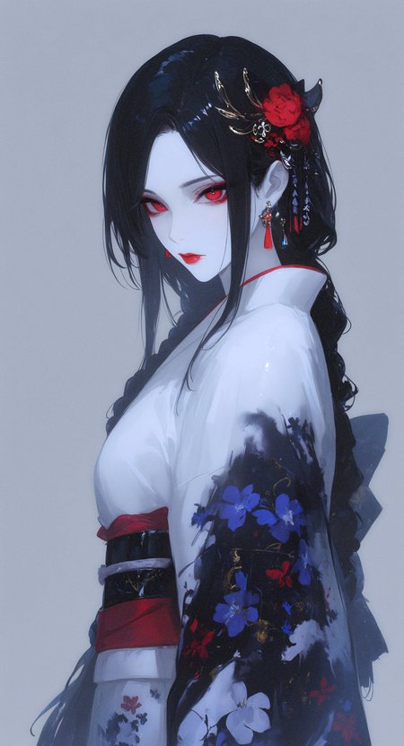 masterpiece, best quality, good quality, very awa, newest, highres, absurdres, 1girl, solo, long hair, looking at viewer, simple background, black hair, hair ornament, white background, red eyes, closed mouth, jewelry, upper body, braid, flower, sidelocks, earrings, japanese clothes, grey background, kimono, from side, parted bangs, sash, floral print, obi, pale skin, braided ponytail, white kimono, red lips, xxx667_illu, (glowing:0.6), <lora:illustriousXL_stabilizer_v1.23:0.3> <lora:NOOB_vp1_detailer_by_volnovik_v1:0.3> <lora:ponyv6_noobE11_2_adamW-000017:0.3> <lora:XXX667:0.7> <lora:fashiongirl-v1-ILXL:0.7>