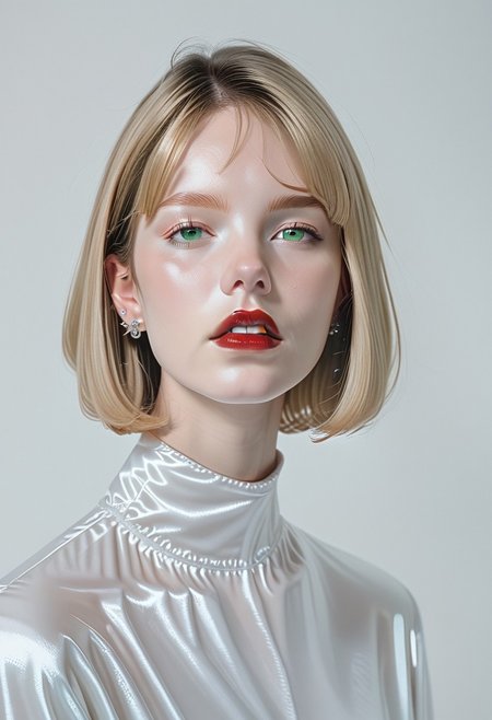score_9, score_8_up, score_7_up, BREAK, ctdrm, dreamy, 1girl, solo, belatricepamford, jewelry, streetwear, earrings, portrait, parted lips, lips, simple background, red lips, short hair, green eyes, pale skin, light blush, soft lighting, ethereal mood