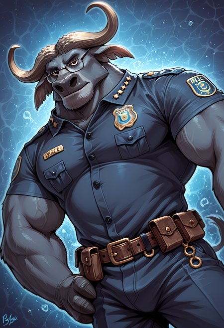 masterpiece, best quality, amazing quality, dutch angle, abstract background, BREAK
1boy, solo, male focus, furry male, zoo_bogo, cape buffalo, horns, blue body, glasses, muscular male, police uniform, BREAK
<lora:cfg_scale_boost:.6>   <lora:Chief_Bogo_-_Zootopia_-_ILXL:1>