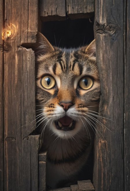 a hole in a wooden fence reveals the face of a surprised cat, digital painting, dramatic lighting, cinematic frame, ultra-realism