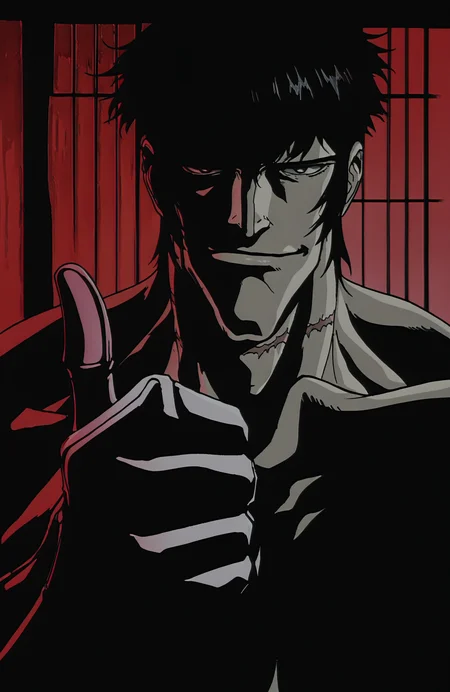 masterpiece, best quality, highres, highly detailed, watercolor \(medium\), (inked:0.5), (jaggy lines, bold outlines:0.5),
Gemma Himuro \(Ninja Scroll\), 1boy, single mechanical arm, muscular, scar on neck, adam's apple, black hair, short hair, manly, smirk, giving thumbs up,
anime screenshot, film grain,
 <lora:Ninjascroll Illustrious 0.1:1>