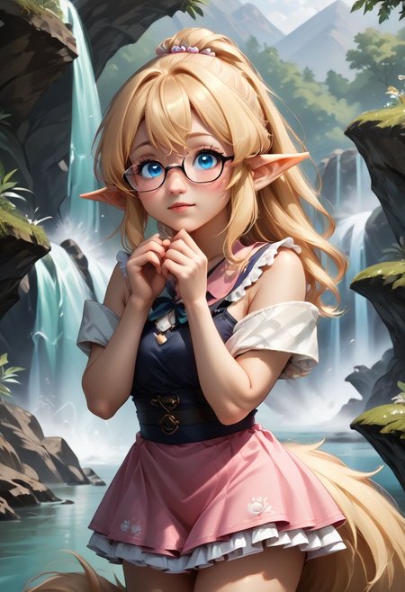 anime art. girl with blonde hair, cute blue eyes, glasses, pointy ears. pink short dress, small boobs, waterfall, fluffy tail