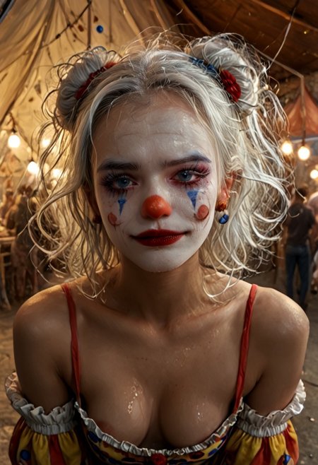 (masterpiece, intricate:1.3), (best quality, hires textures, high detail:1.2), (incredibly detailed:1.4), hyperrealistic, photorealistic, ultra detail, ultra realistic, 8k, HDR, absurdres, RAW, high quality photography, realistic, real life, very detailed background , cinematic lighting, volumetric lighting, 1girl, smile,  perfect anatomy, detailed face, highly detailed, extremely detailed eyes and face, perfect body, perfect eyes, 
Clown girl，(tattos:1.5), Clown, Clown makeup, clown costume, solo, sad, white hair tied in two high buns with large red ribbons, blue eyes,(white makeup, clown makeup, red mouth, red nose, marked eyebrows high, colorful clown costume, red clown nose,),  looking at viewer, medium breasts with eraser nipples, wearing a clown costume with deep cleavage, bare shoulders, off shoulders, nipslip, downblouse, brown nipples,  black heart earrings,  outside the circus tent, crowded in the background, pop corn machine, ticket stall, colorful lights, circus background