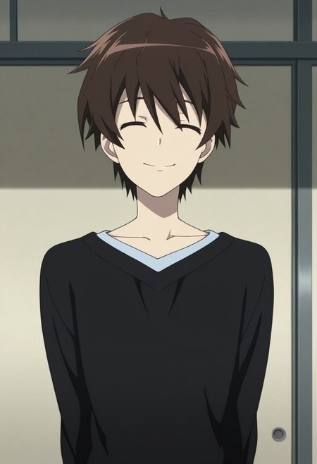 masterpiece,best quality,amazing quality, source_anime,
KoichiSakakibara, 1boy, male focus, solo, closed eyes, brown hair, sweater, black sweater, smile, happy,