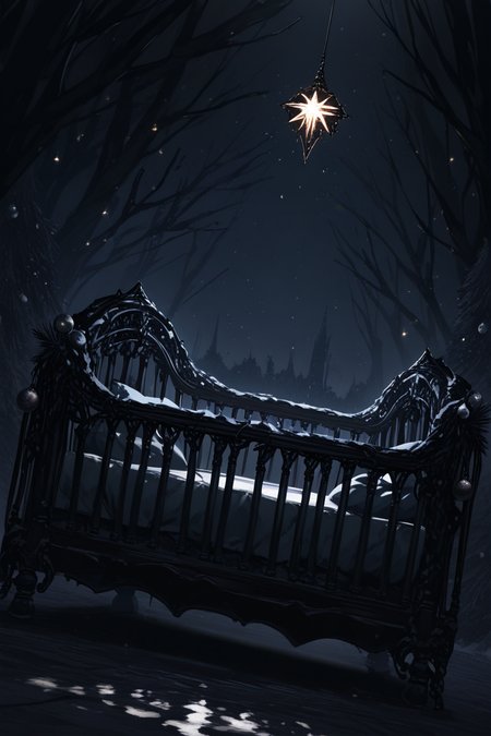 realistic shading, dim lighting, black theme, horror (theme), dacrib, christmas-crib focus, dacrib_christmas ornaments, no humans, monster, outdoors, dark environment, fantasy, dutch angle, dynamic angle, intricately detailed illustration, masterpiece, best quality, amazing quality, very aesthetic, absurdres, newest