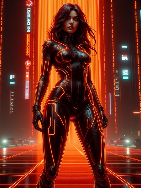 mad-cyberspace, woman, dynamic pose, orange glowing outlines, grid, cyberpunk, 1980s,  scifi, cityscape  <lora:Neon_Cyberpunk_Cyberspace_FLUX:0.9>
