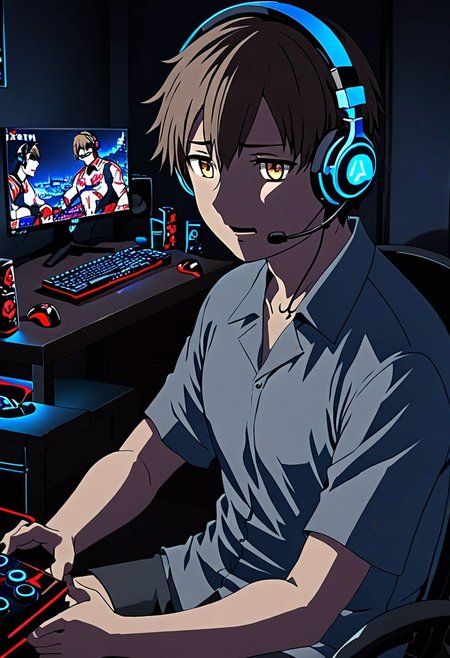 high resolution, solo, best quality, 1Boy, Takaki Toono, Brownish Hair, Brown Eyes, gamer, bedroom, night, pc, sit, headset, portraits, OverallDetail
