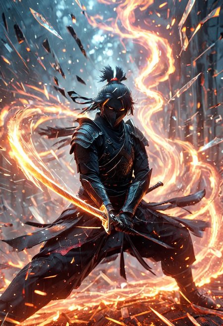 1man, Samurai, Incoming sword, broken glass, reflection, slash, shatter, fire element, holding sword, glowing sword, motion blur, emphasis line, outdoor in the darkness, looking viewer, text, "Z",