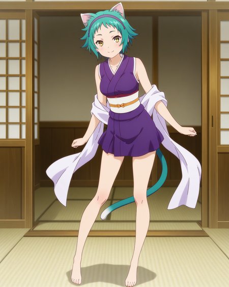(purple sleeveless kimono obi sash hairband:1.50), 
ys-yaya, green hair, short hair, yellow eyes, 
1girl, (solo:1.60), skinny,
(masterpiece, best quality, amazing quality, absurdres, high quality, highres, masterpiece), 
happy,
full body
,
(:1.40), 
BREAK,
school,
,
(anime coloring),
medium breasts,
cat ears, cat tail
<lora:ys-yaya-V01-illXL:0.80>