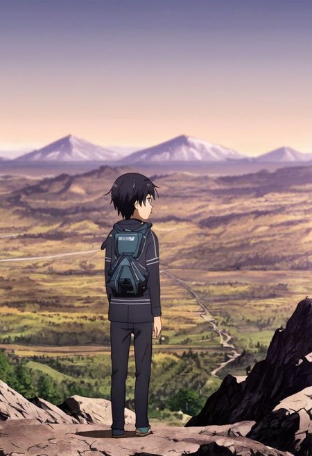 high resolution, solo, best quality, 1Boy, Kazuto Kirigaya, Black Hair, Black Eyes, landscape, looking away, high mountain, hiking gear, shallow depth of field, OverallDetail
