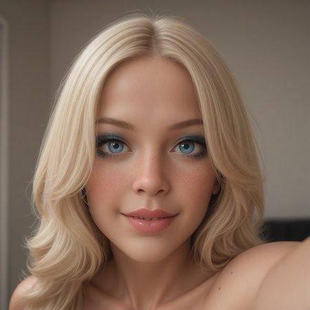 best, masterpiece, Domi with wavy blonde hair and blue eyes, extreme closeup, exotic colorful makeup, model face, model pose, selfie, highly detailed skin texture, freckles, highly detailed photo, professional photograph, dynamic lighting