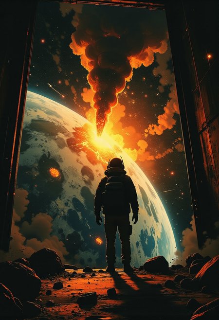 Fpv, First Person View, collision style, seeing your hands at a window to planet earth from outer space, amazing quality, masterpiece, best quality, hyper detailed, ultra detailed, UHD, perfect anatomy, portrait, dof, hyper-realism, majestic, awesome, inspiring, fpv,  real, charred and burning eclipse, cinematic, global illumination, dramatic, tearing the sky, atmospheric haze, cinematic composition, soft shadows, A dystopian, photorealistic digital composite with heavy film grain and surreal cinematic lighting: captured from a god's-eye view in orbit, the curved horizon of Earth is struck by a colossal asteroid impact. A massive, fiery explosion blossoms across the planet’s surface, glowing in violent reds and oranges, with debris and smoke trails piercing into space. A single human hand reaches upward from the bottom of the frame toward the impact zone — silhouetted, desperate, fingers splayed wide against the vivid planetary glow. The thin blue line of Earth's atmosphere clings faintly to the curve of the planet. A blinding white sun in the upper left creates harsh lens flares and overexposed streaks across the frame. The overall image has deep contrast, gritty film texture, subtle chromatic aberration, and surreal clarity — evoking the final, quiet seconds before annihilation. Wide-angle, ethereal and hyperreal, in the style of dark sci-fi dystopia, godpov, ethdysty.