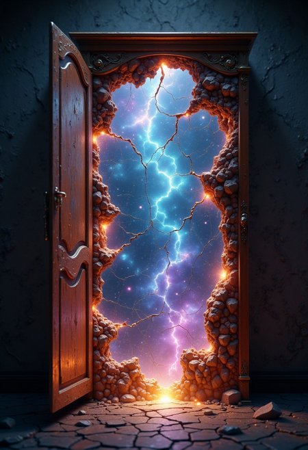 A cinematic shot of an open wardrobe with its back wall breaking apart, revealing cracks that expose a vast, swirling galaxy and multiple universes beyond. The wardrobe is situated in a dimly lit room, the wood grain worn and slightly aged. Through the glowing galaxy cracks in the wardrobe's back, ethereal light pours in from the distant stars, nebulae, and cosmic structures. The galaxies shine with vivid colors, deep purples, glowing blues, and radiant golds, creating a stark contrast against the ordinary, muted tones of the wardrobe and room. Wisps of cosmic dust drift from the fractures, blurring the boundary between the mundane and the extraordinary. The shot captures the moment of transition, as if reality itself is tearing open.