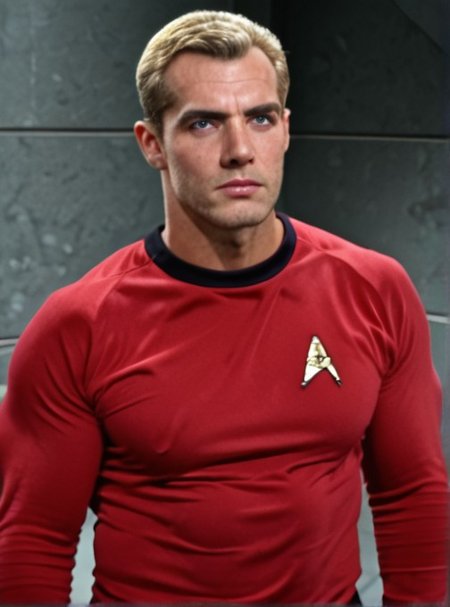 Handsome, masculine, blonde, star trek, red shirt, muscle,  tall, tight shirt, wide pectorals, big shoulders, wide shoulders, muscular neck, German, stunf, star trek uniform,