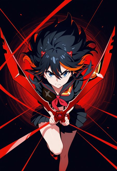 masterpiece, vibrant colours, HD32K, highly detailed, ryuko matoi (kill la kill), black serafuku, suspender straps,  dynamic, abstract dark background