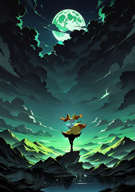 masterpiece,best quality,amazing quality, mmshd, solid black shading, braixen, solo, mountain, dark clouds, moon, gradient background, blue skies, green skies