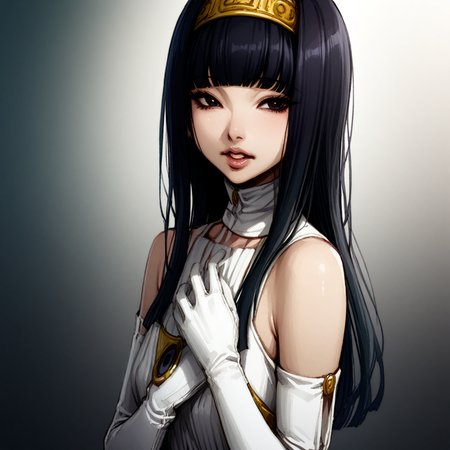 masterpiece, best quality, very aesthetic, yuriko, long hair, black hair, blunt bangs, gloves, black eyes, white gloves, lips, dress, hairband, elbow gloves, bare shoulders