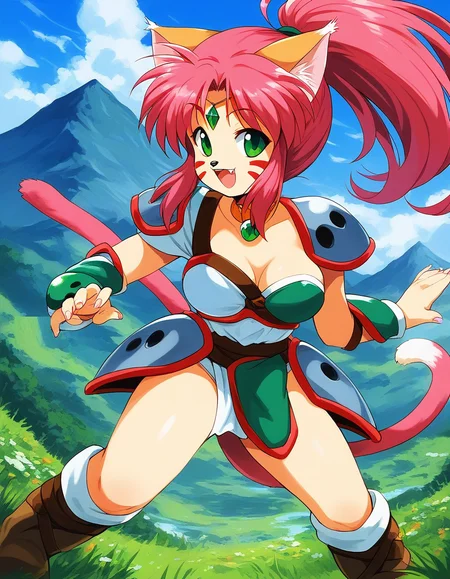 score_9, score_8_up, score_7_up, source_anime, rating_explicit, BREAK  <lora:Ryuquir_XL:1> Ryuquir, animal ears, tail, cat ears, facial mark, cat tail, green eyes, ponytail, red hair, long hair, pink hair, cat girl, breasts, forehead jewel, green jewel,
mountain, sky, smile, open mouth,
 shoulder armor, solo, weapon, armor,  furry,  grass, dagger, boots, looking at viewer, outdoors, fingernails,  shoulder pads,