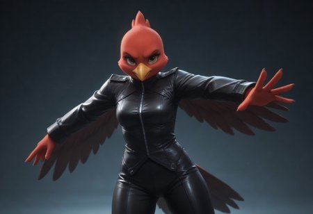 AnthroChick, zzCitronLegacy, score_9, score_8_up.
1girl, red beak, big wings, big feathers, leather outfit, wide shot, face focus, dynamic pose, soft lighting, bokeh, blurry background