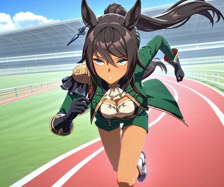 masterpiece, best quality, amazing quality, , 1girl, solo,umamusume, racetrack, running,   <lora:Symboli Kris S in game style 3D ILL-v2:1> ummsmingame, 3d, symboli kris s \(umamusume\)
