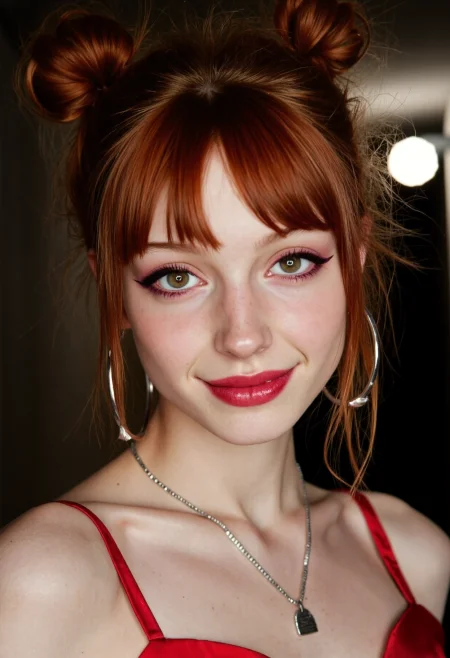 High fashion three quarter view photography showing young slim belgian woman, 23yo, with breathtaking hazel downturned eyes and bow-shaped lips with a kind grin. She has tousled red updo hair with wispy bangs and e-girl makeup featuring shades of crimson and bold mascara with lipstick, further accessorized by hoop earrings and a charm necklace. Set within an eerie brutalist citadel deep underground, soft three point lighting. With flash high key lighting, bloom, professional edit, eyecandy, very aesthetic   <lora:flux_skinny_slider> <lora:flux_SkinDetails_v8> <lora:flux_UltraRealPhoto>