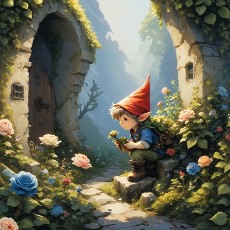 professional painting by Alayna Lemmer of a single fairy looking at a single gnome. The gnome is grumpy. There is a roses garden in background. It is summer morning time and clear weather. cinematic focus on the fairy, dynamic pose, dynamic background, dynamic composition, dynamic lighting, realistic proportions, hdr, raytracing,  extreme detailed, ultra detailed, intricate details, highly detailed atmosphere, highly detailed textures.