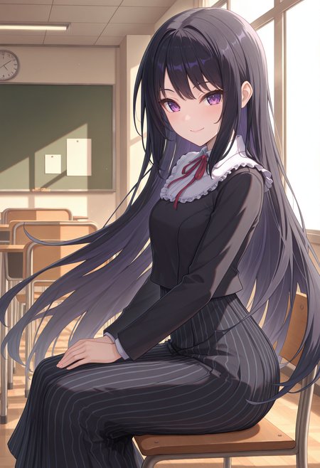 highres, best quality, masterpiece, indoors, school,
1girl, solo, rlreipc, very long hair, black hair, purple eyes,
black jacket, frilled shirt collar, neck ribbon, red ribbon, black skirt, pinstripe skirt, long skirt, black pantyhose,
looking at viewer, smile,
sitting, from side, chair,
<lora:_rei_pcr-elesico-ilxlAb-000002:1>