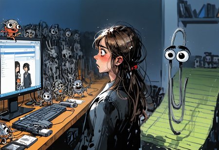 1girl, cl1ppy, pokemon (creature), uncertain, insecure, scared, MythAn1m3, computers. monitors, server racks, semi-transparent displays, facing viewer, side view. office, judgmental colleagues slowly approaching from all sides
