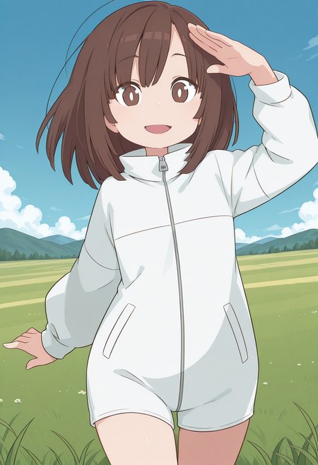 kitanaga, white pupils, brown eyes, brown hair, medium hair, white jacket, long sleeves, zipper, <lora:kitanaga_illustrious_ver1:0.8> 
smile, open mouth,, masterpiece, best quality, sensitive,, 1girl, solo, blue sky, (grasslands:1.2), looking at viewer,, (cowboy shot, dynamic pose:1.4),