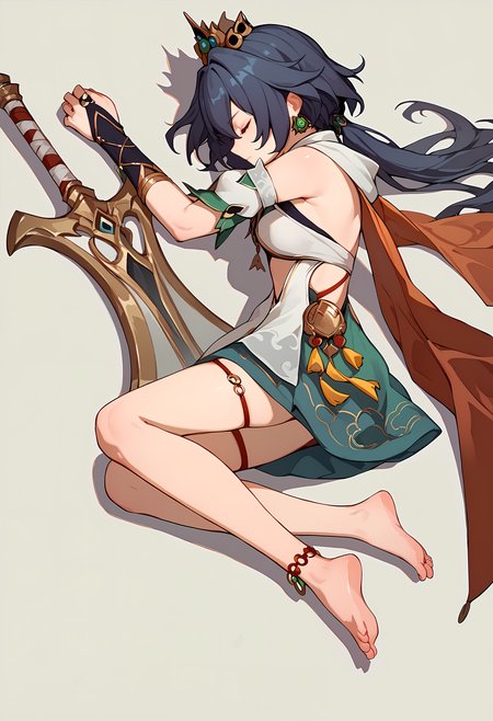 (score_9, score_8_up, score_7_up), 1girl, solo, yunli, crown, fingerless gloves, detached sleeves, thigh strap, anklet, barefoot, lying, from side, greatsword, simple background, from above, closed eyes, closed mouth, <lora:yunli-strPO-v1a:0.9>