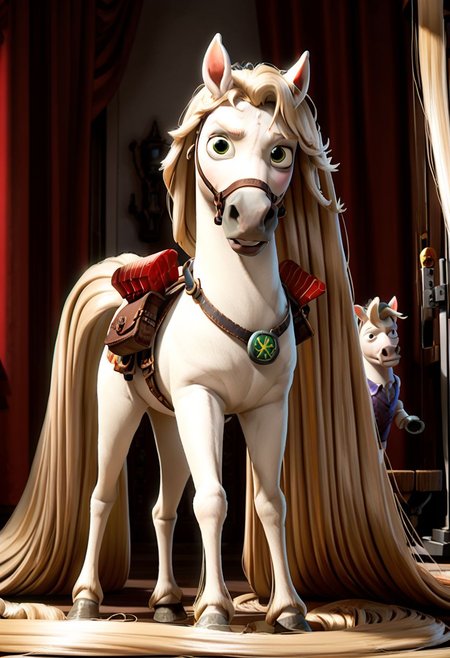 Score_9,  score_8_up,  score_7_up,  original style, 3d disney anime, Maximus the white horse, (A full body image of a horse with endlessly long white Rapunzel-Style hair), (absurdly long white Rapunzel-Style hair:1.4), (meters of hair without end:1.2)
