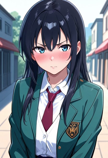 masterpiece, very aesthetic,8k,masterpiece, best quality, half body, 1girl, aoikuni, dark hair, BezzSchooloutfit, white shirt,skirt,necktie
green jacket, blue eyes, blush , sexy 
, impressionism 1.5, high detail, depth of field, blurred background, dramatic lighting, outdoors,  ,SmoothNegative_Hands