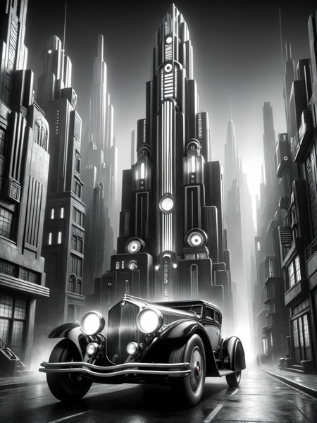 car, city, futuristic, stylized, art deco, expressionist, 1920s, black and white <lora:Metropolis_Movie_Style_SDXL:0.8> mad-ropolis-movie, (masterpiece:1.2), best quality, (hyperdetailed, highest detailed:1.2), high resolution textures