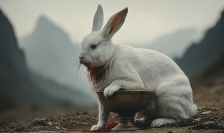 master of score_9, an eerie white rabbit ,bloody fur, bloody mouth, a holy grail, blurry background, mountain background, old photo, cinematic, movie still, low budget cgi, fog, dark and moody atmosphere, <lora:- SDXL - vanta-black_contrast_V3.0:1>, <lora:- iLL - sharpdtls_lightatmo_V1.0-step00002500:1> <lora:- iLL - combined_concept_V1.0-step00014500:1>