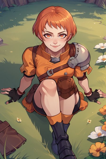 score_9, score_8_up, score_7_up, score_6_up, source_anime BREAK 1girl, solo <lora:leonie-pdxl-nvwls-v1-000005:1> hopesLeonie, short hair, single shoulder pad, orange hair, orange eyes, orange dress, short sleeves, short dress, black gloves, fingerless gloves, elbow pad, pouch, boots, sitting, knees up, from above, smile, looking at you, field, grass