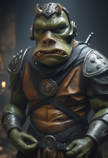 score_9, score_8_up, score_7_up, score_6_up, photo,  photorealism, 1boy, Gammorean Guard, Dark green skin, armor, skin texture, moist skin, pores, saliva, dynamic lighting, detailed shadows, adobe palace, fat, dim light, holding battleaxe,